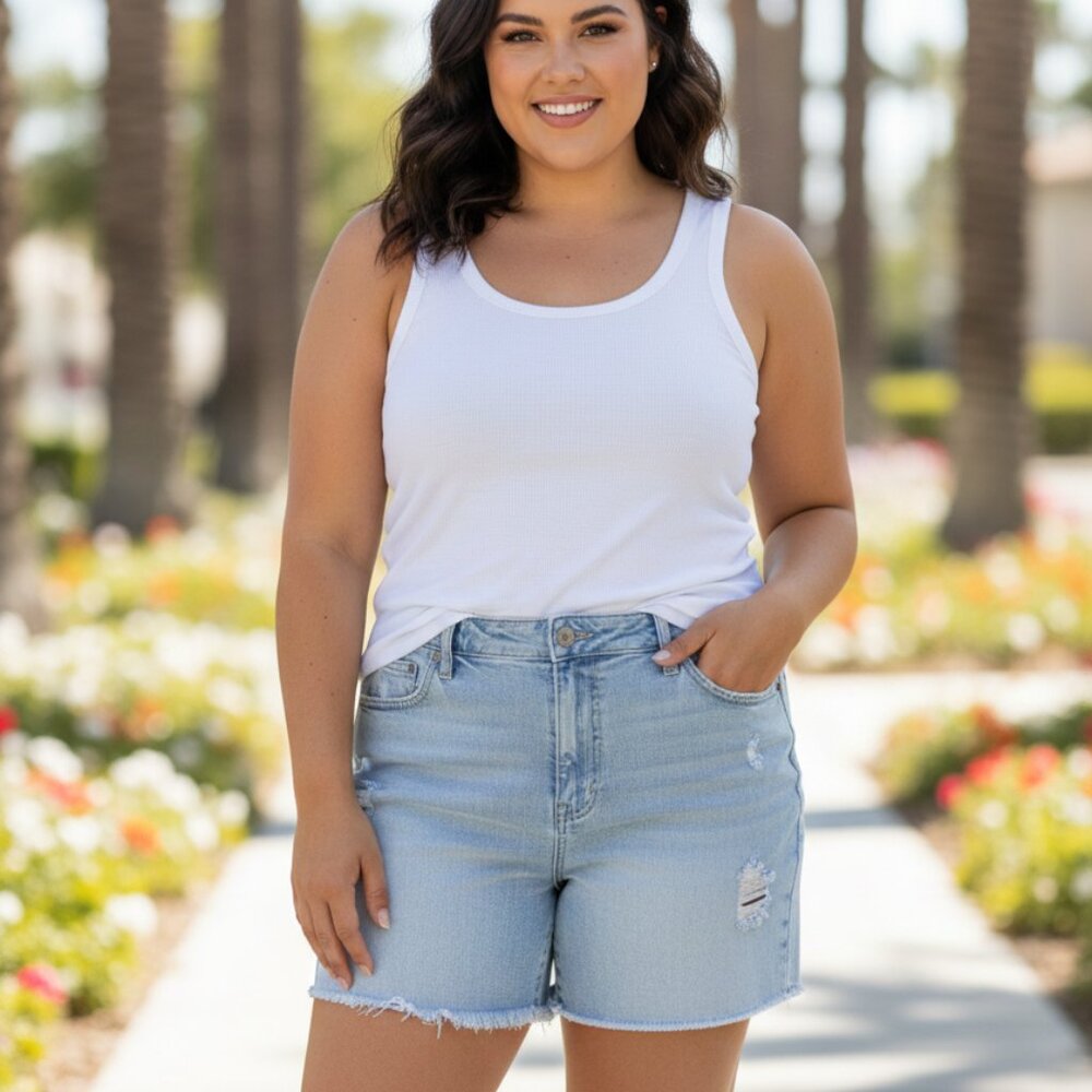 ⭐GAP Size 16 Curvy Fit Denim Shorts 5 Inch Distressed Frayed Blue⭐